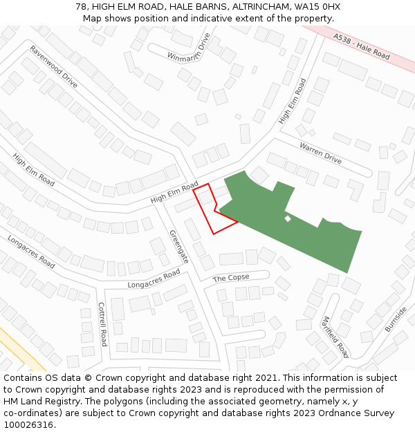 78, HIGH ELM ROAD, HALE BARNS, ALTRINCHAM, WA15 0HX: Location map and indicative extent of plot