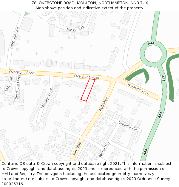78, OVERSTONE ROAD, MOULTON, NORTHAMPTON, NN3 7UX: Location map and indicative extent of plot