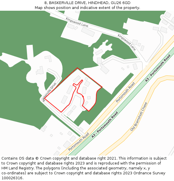 8, BASKERVILLE DRIVE, HINDHEAD, GU26 6GD: Location map and indicative extent of plot