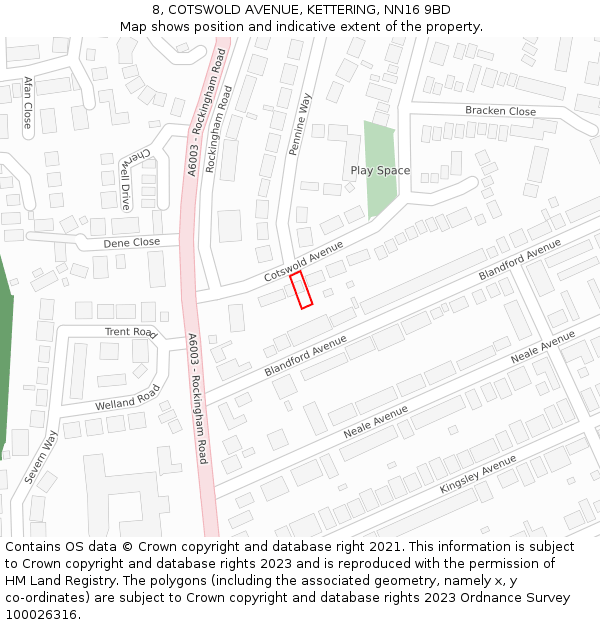 8, COTSWOLD AVENUE, KETTERING, NN16 9BD: Location map and indicative extent of plot