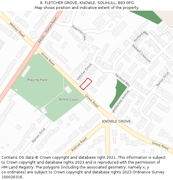 8, FLETCHER GROVE, KNOWLE, SOLIHULL, B93 0PG: Location map and indicative extent of plot