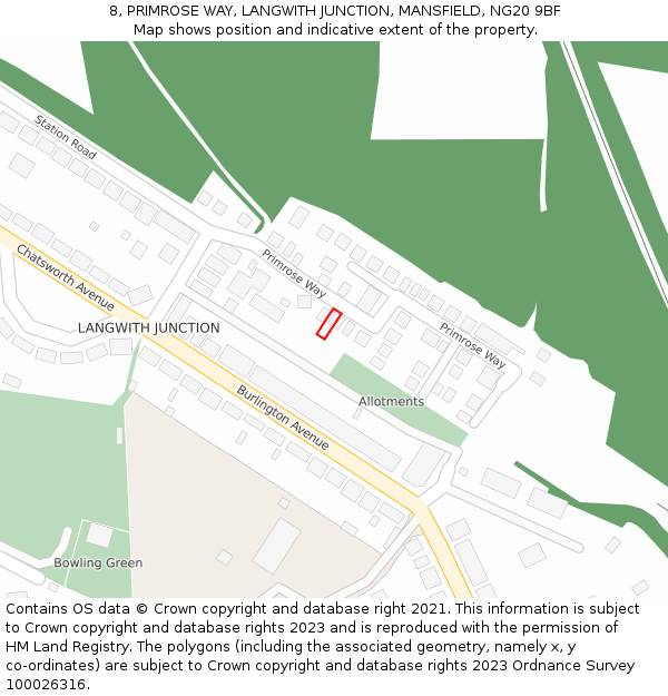 8, PRIMROSE WAY, LANGWITH JUNCTION, MANSFIELD, NG20 9BF: Location map and indicative extent of plot