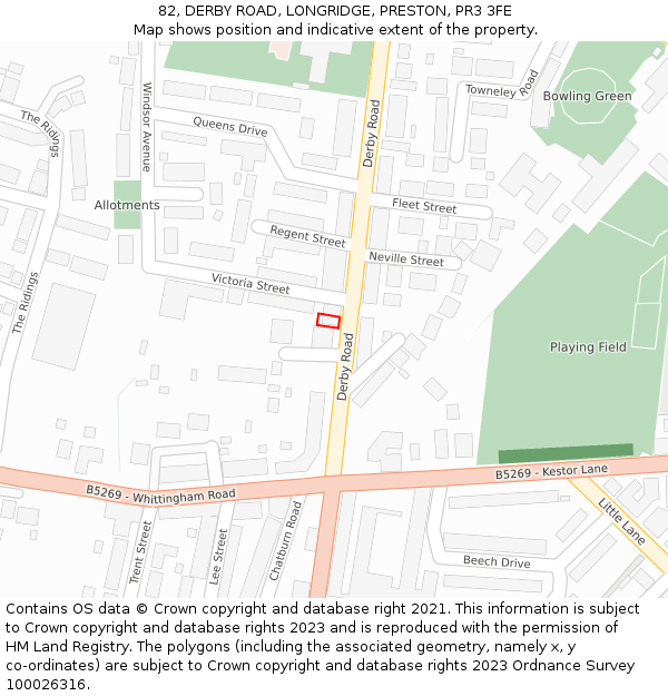 82, DERBY ROAD, LONGRIDGE, PRESTON, PR3 3FE: Location map and indicative extent of plot