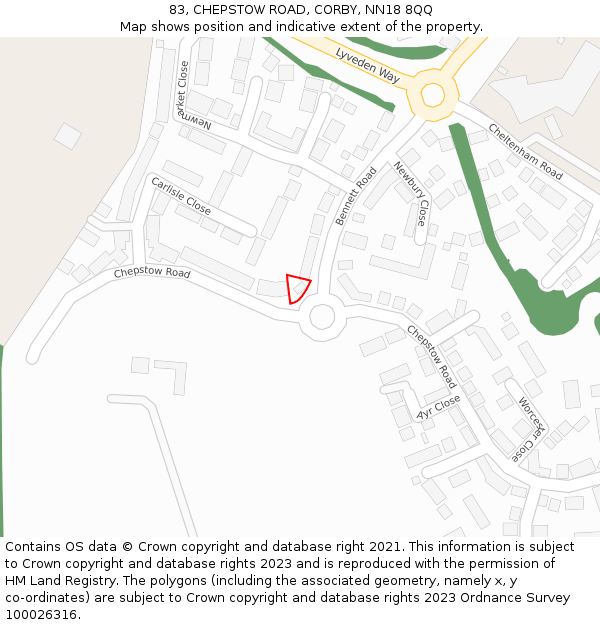 83, CHEPSTOW ROAD, CORBY, NN18 8QQ: Location map and indicative extent of plot