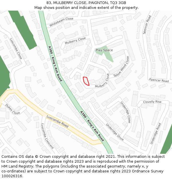 83, MULBERRY CLOSE, PAIGNTON, TQ3 3GB: Location map and indicative extent of plot