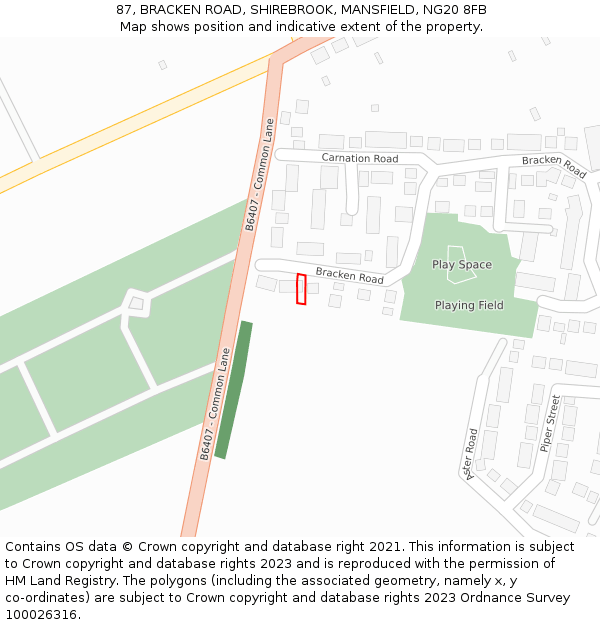 87, BRACKEN ROAD, SHIREBROOK, MANSFIELD, NG20 8FB: Location map and indicative extent of plot
