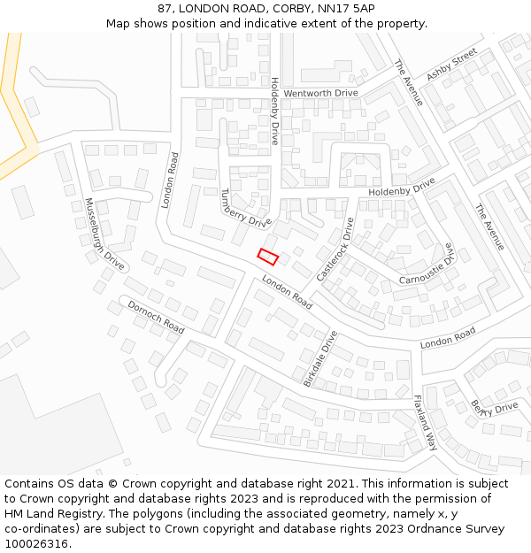 87, LONDON ROAD, CORBY, NN17 5AP: Location map and indicative extent of plot