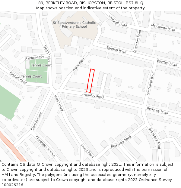 89, BERKELEY ROAD, BISHOPSTON, BRISTOL, BS7 8HQ: Location map and indicative extent of plot