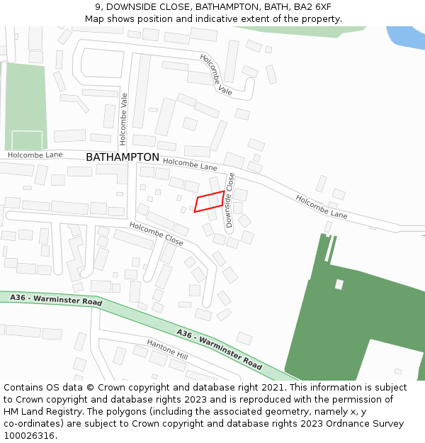 9, DOWNSIDE CLOSE, BATHAMPTON, BATH, BA2 6XF: Location map and indicative extent of plot