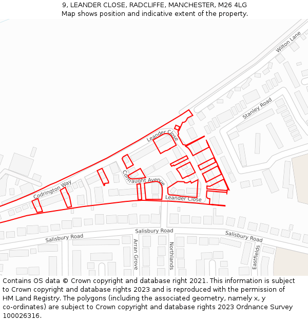 9, LEANDER CLOSE, RADCLIFFE, MANCHESTER, M26 4LG: Location map and indicative extent of plot