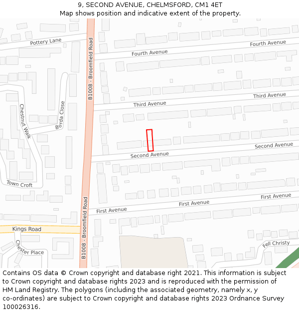 9, SECOND AVENUE, CHELMSFORD, CM1 4ET: Location map and indicative extent of plot