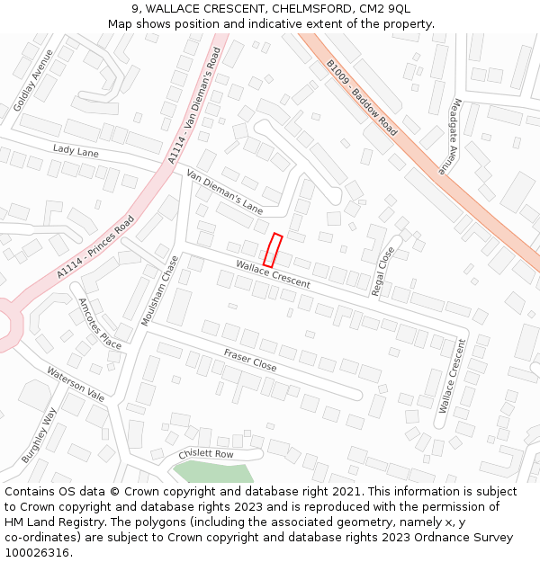9, WALLACE CRESCENT, CHELMSFORD, CM2 9QL: Location map and indicative extent of plot
