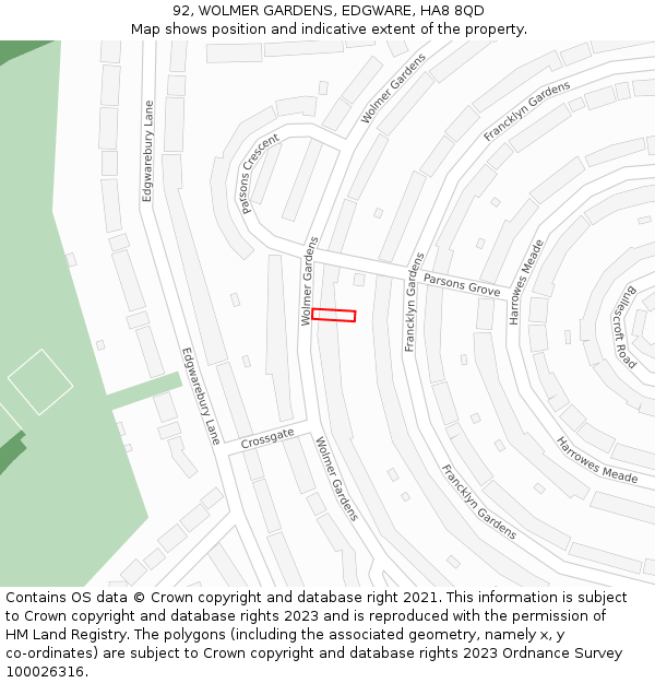 92, WOLMER GARDENS, EDGWARE, HA8 8QD: Location map and indicative extent of plot