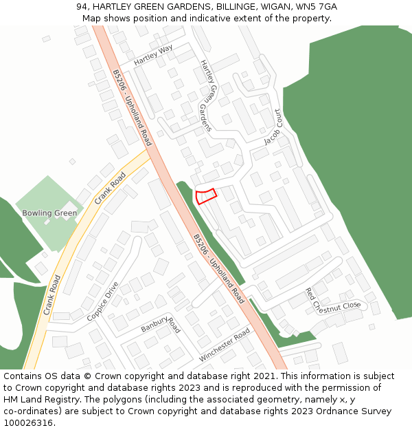 94, HARTLEY GREEN GARDENS, BILLINGE, WIGAN, WN5 7GA: Location map and indicative extent of plot