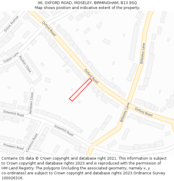 96, OXFORD ROAD, MOSELEY, BIRMINGHAM, B13 9SQ: Location map and indicative extent of plot