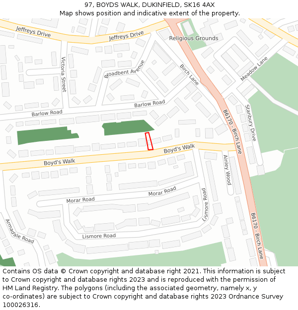 97, BOYDS WALK, DUKINFIELD, SK16 4AX: Location map and indicative extent of plot