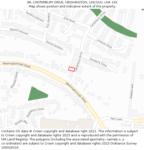98, CANTERBURY DRIVE, HEIGHINGTON, LINCOLN, LN4 1SX: Location map and indicative extent of plot