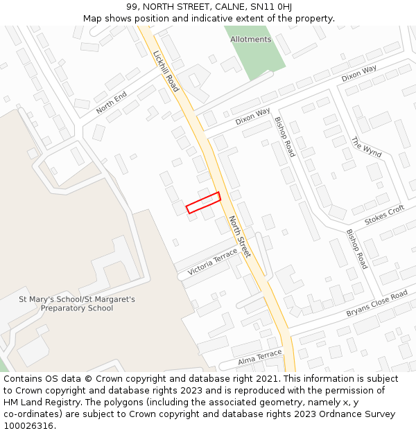 99, NORTH STREET, CALNE, SN11 0HJ: Location map and indicative extent of plot