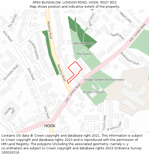 APEX BUNGALOW, LONDON ROAD, HOOK, RG27 9DZ: Location map and indicative extent of plot