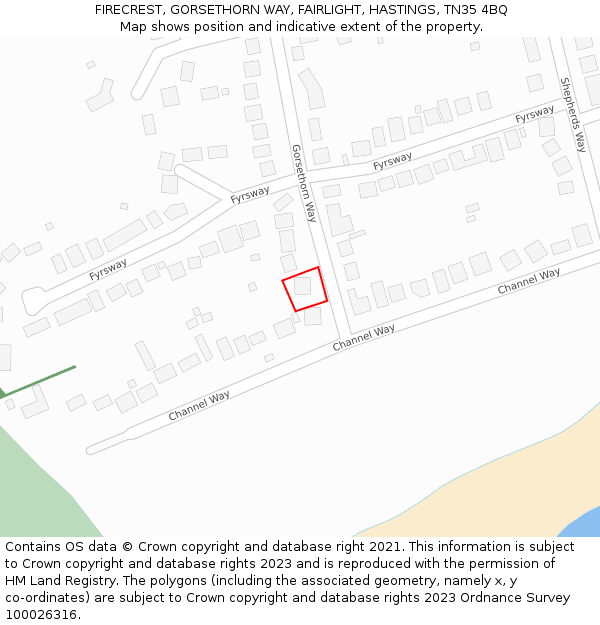 FIRECREST, GORSETHORN WAY, FAIRLIGHT, HASTINGS, TN35 4BQ: Location map and indicative extent of plot