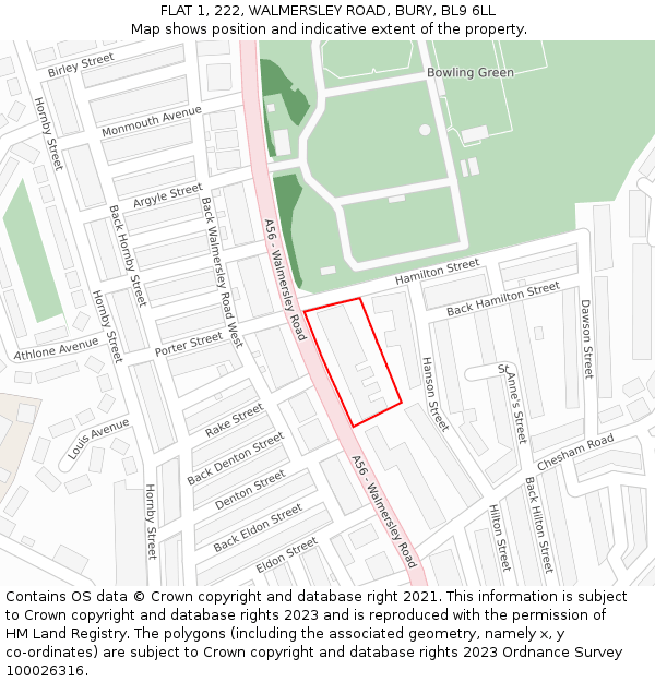 FLAT 1, 222, WALMERSLEY ROAD, BURY, BL9 6LL: Location map and indicative extent of plot