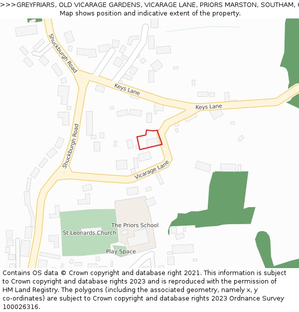 GREYFRIARS, OLD VICARAGE GARDENS, VICARAGE LANE, PRIORS MARSTON, SOUTHAM, CV47 7RT: Location map and indicative extent of plot