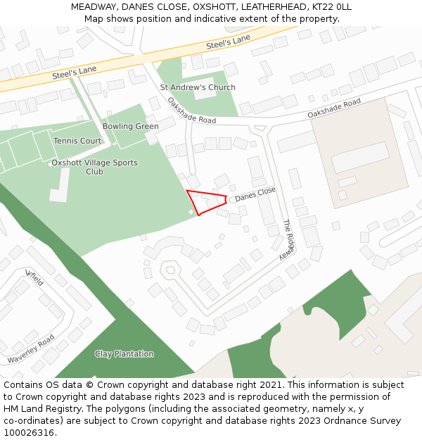 MEADWAY, DANES CLOSE, OXSHOTT, LEATHERHEAD, KT22 0LL: Location map and indicative extent of plot