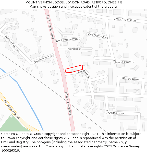 MOUNT VERNON LODGE, LONDON ROAD, RETFORD, DN22 7JE: Location map and indicative extent of plot