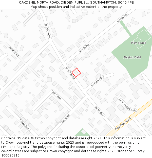OAKDENE, NORTH ROAD, DIBDEN PURLIEU, SOUTHAMPTON, SO45 4PE: Location map and indicative extent of plot