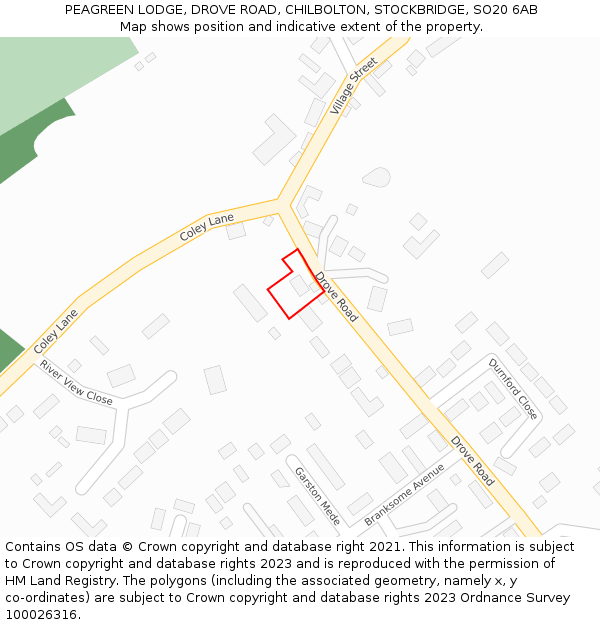 PEAGREEN LODGE, DROVE ROAD, CHILBOLTON, STOCKBRIDGE, SO20 6AB: Location map and indicative extent of plot