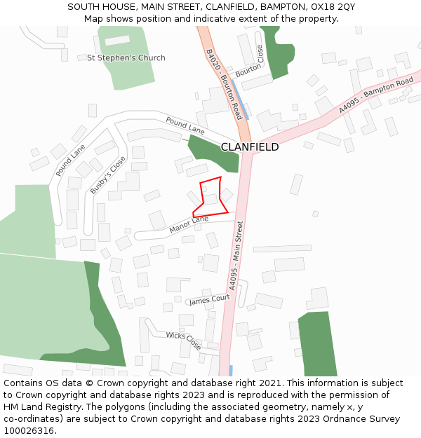 SOUTH HOUSE, MAIN STREET, CLANFIELD, BAMPTON, OX18 2QY: Location map and indicative extent of plot
