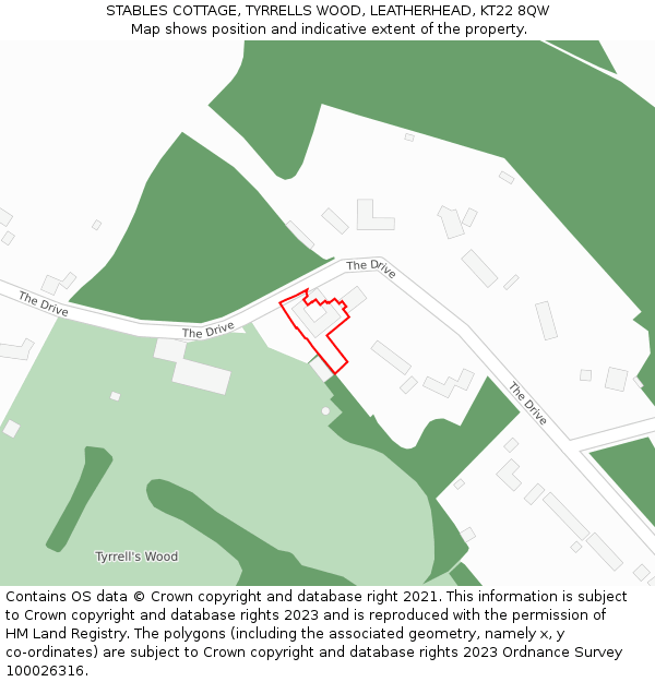 STABLES COTTAGE, TYRRELLS WOOD, LEATHERHEAD, KT22 8QW: Location map and indicative extent of plot