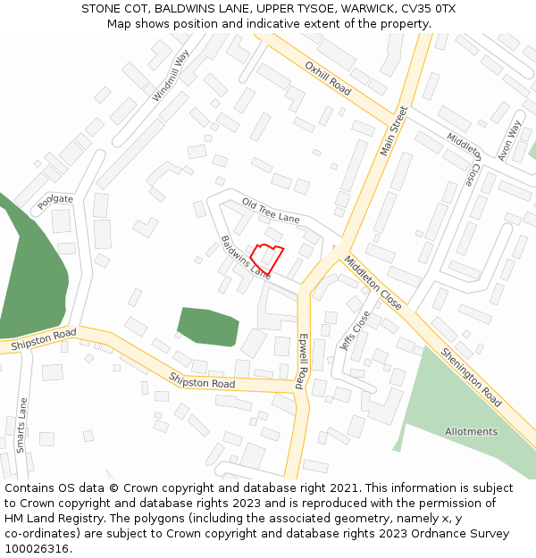 STONE COT, BALDWINS LANE, UPPER TYSOE, WARWICK, CV35 0TX: Location map and indicative extent of plot
