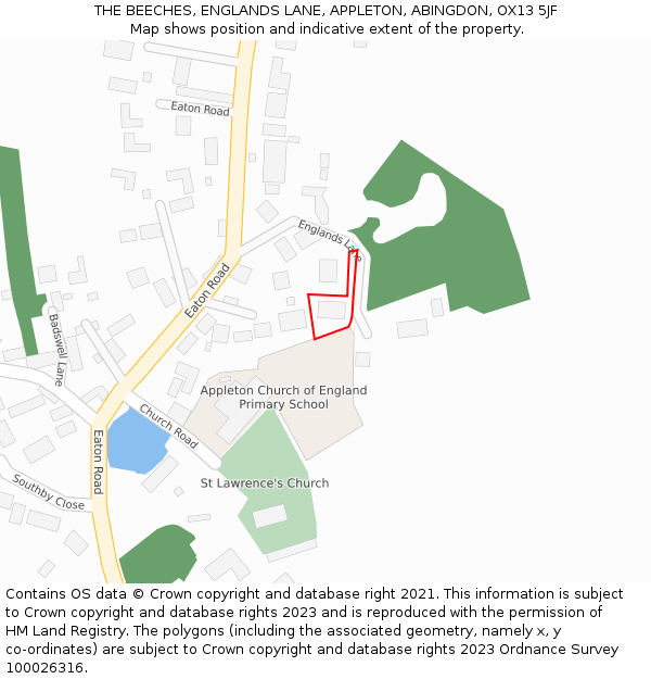 THE BEECHES, ENGLANDS LANE, APPLETON, ABINGDON, OX13 5JF: Location map and indicative extent of plot
