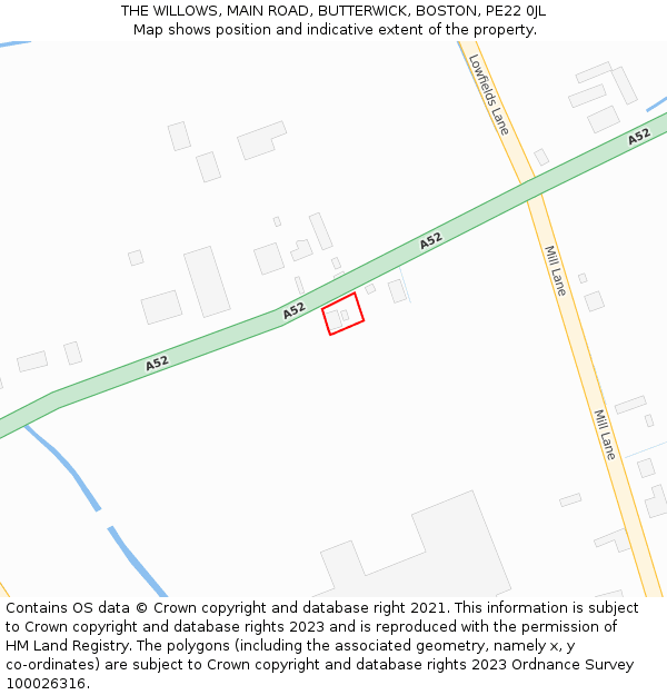 THE WILLOWS, MAIN ROAD, BUTTERWICK, BOSTON, PE22 0JL: Location map and indicative extent of plot