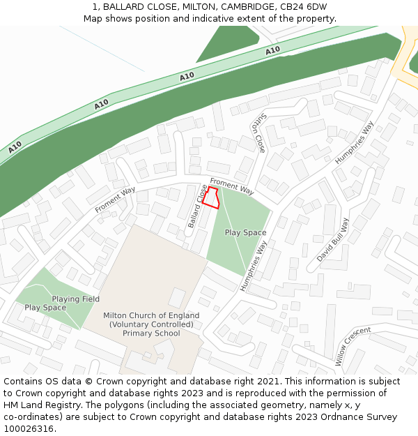 1, BALLARD CLOSE, MILTON, CAMBRIDGE, CB24 6DW: Location map and indicative extent of plot