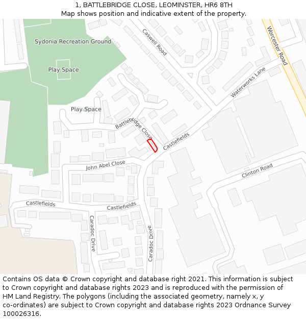 1, BATTLEBRIDGE CLOSE, LEOMINSTER, HR6 8TH: Location map and indicative extent of plot