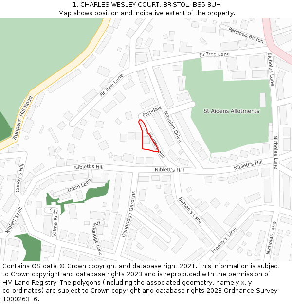 1, CHARLES WESLEY COURT, BRISTOL, BS5 8UH: Location map and indicative extent of plot