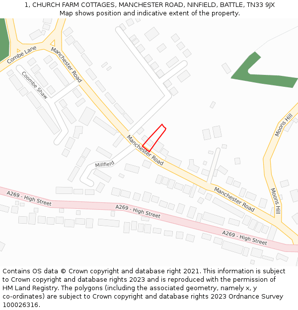1, CHURCH FARM COTTAGES, MANCHESTER ROAD, NINFIELD, BATTLE, TN33 9JX: Location map and indicative extent of plot