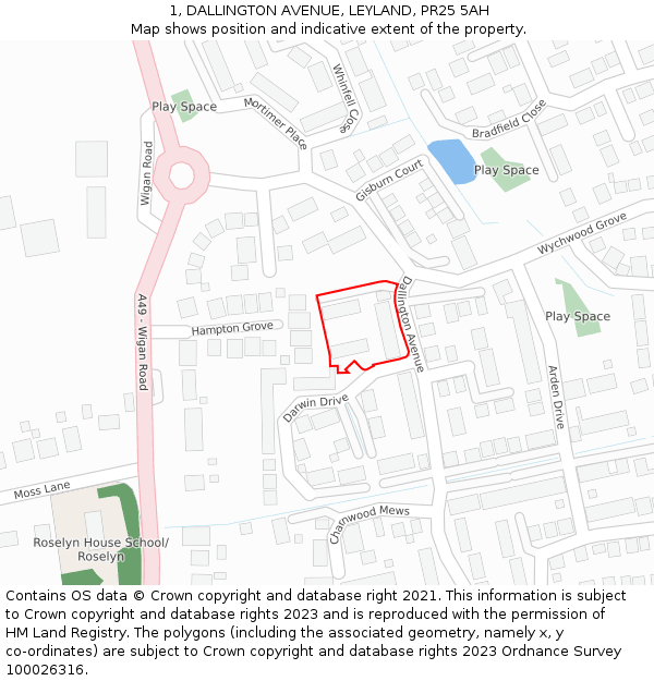 1, DALLINGTON AVENUE, LEYLAND, PR25 5AH: Location map and indicative extent of plot