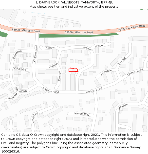 1, DARNBROOK, WILNECOTE, TAMWORTH, B77 4JU: Location map and indicative extent of plot