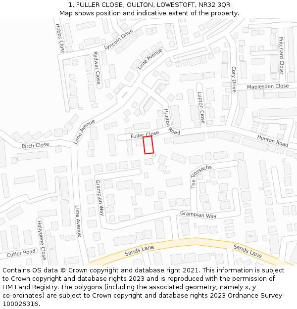 1, FULLER CLOSE, OULTON, LOWESTOFT, NR32 3QR: Location map and indicative extent of plot