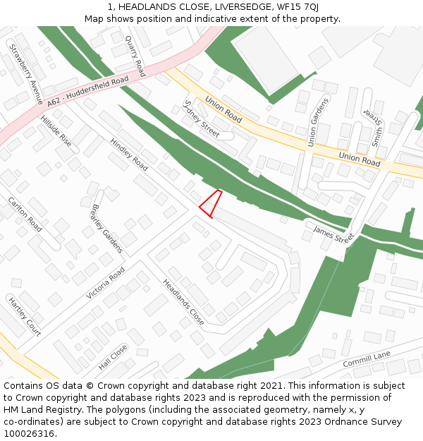 1, HEADLANDS CLOSE, LIVERSEDGE, WF15 7QJ: Location map and indicative extent of plot