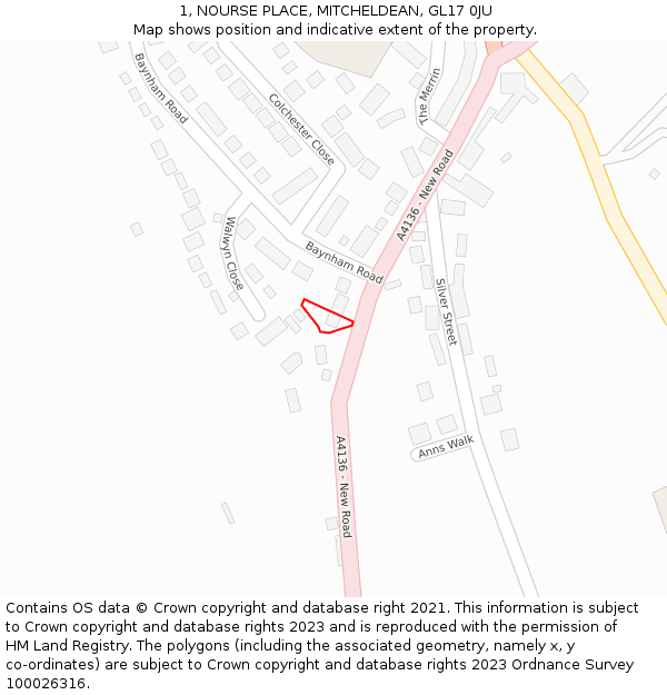 1, NOURSE PLACE, MITCHELDEAN, GL17 0JU: Location map and indicative extent of plot