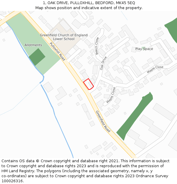 1, OAK DRIVE, PULLOXHILL, BEDFORD, MK45 5EQ: Location map and indicative extent of plot