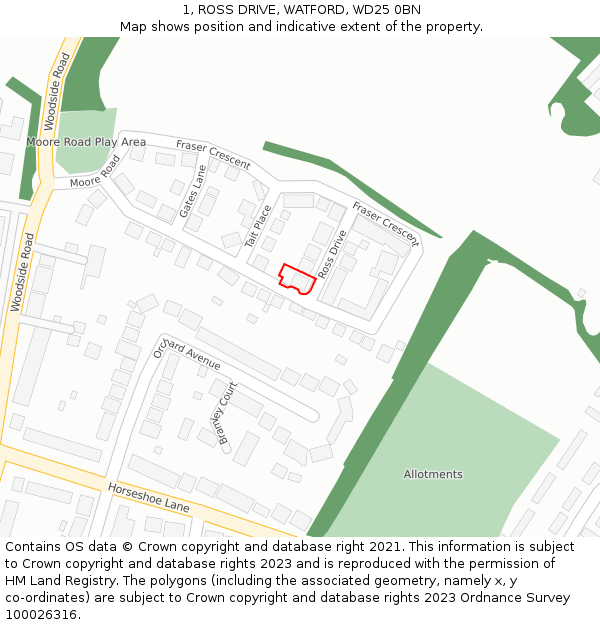1, ROSS DRIVE, WATFORD, WD25 0BN: Location map and indicative extent of plot
