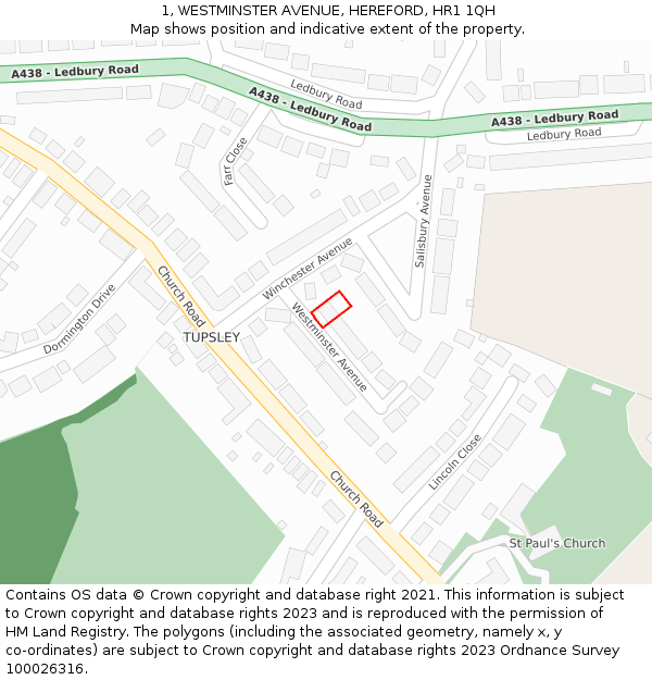 1, WESTMINSTER AVENUE, HEREFORD, HR1 1QH: Location map and indicative extent of plot