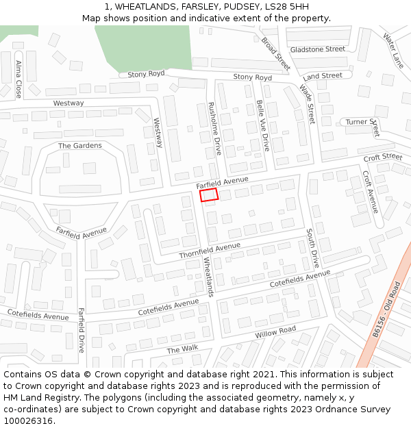1, WHEATLANDS, FARSLEY, PUDSEY, LS28 5HH: Location map and indicative extent of plot