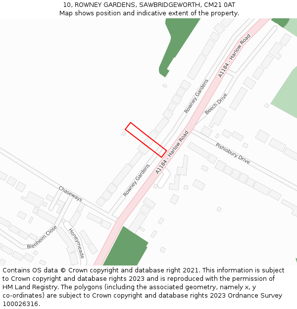 10, ROWNEY GARDENS, SAWBRIDGEWORTH, CM21 0AT: Location map and indicative extent of plot