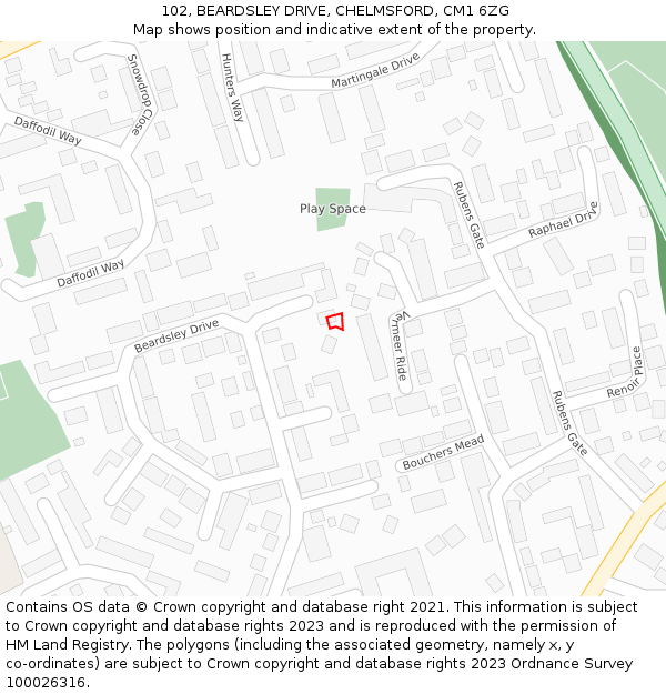 102, BEARDSLEY DRIVE, CHELMSFORD, CM1 6ZG: Location map and indicative extent of plot